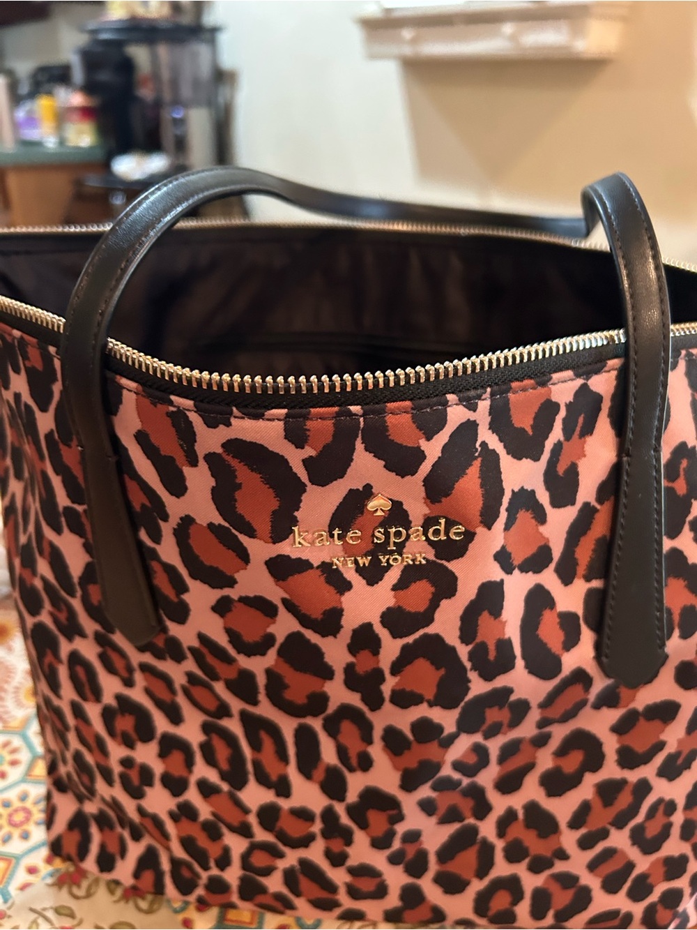 kate spade Brown and Black Leopard Print Tote with Gold Logo Like new